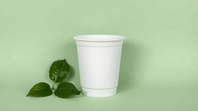 Eco-friendly white paper cup with green leaf on white background, symbolizing sustainability, recycling, and environmental awareness - Powered by Adobe