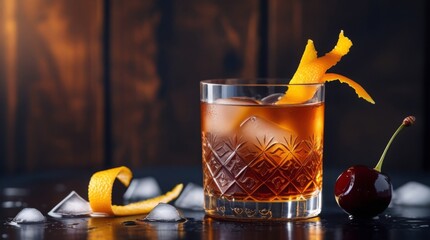  Rich bourbon old fashioned with aromatic bitters, glowing warm amber hues, delicate citrus peel garnish, succulent cherry, and a vintage cocktail glass with intricate etched patterns, set against 