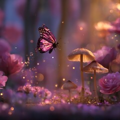 A magical, fairytale-like scene set in a softly lit garden. 