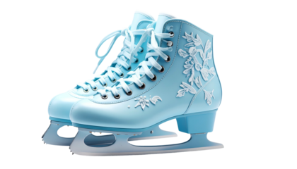 Light blue ice skates with intricate floral embellishments, set against a transparent backdrop