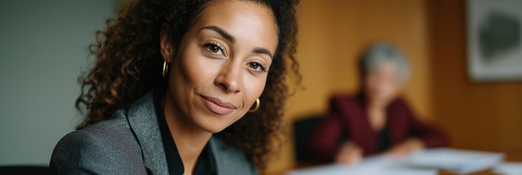 A confident businesswoman sits at her desk with a warm smile, embodying professionalism and competence in a modern office environment.