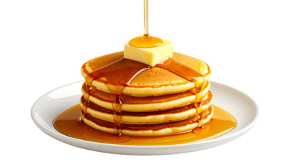 Stack of golden-brown pancakes on a white plate, butter and syrup dripping down