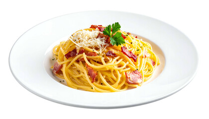A white plate holds a generous serving of spaghetti carbonara, with bacon and cheese