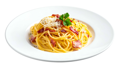 A white plate holds a generous serving of spaghetti carbonara, with bacon and cheese