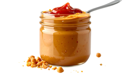 Jar of peanut butter with ketchup swirl and spoon; scattered peanuts & peanut butter bits