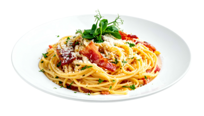 Delicious spaghetti carbonara with bacon, herbs, and grated cheese on a white plate