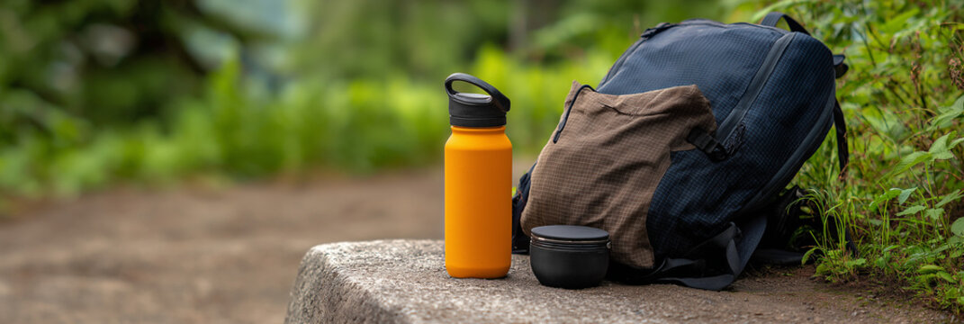 A vibrant orange water bottle rests next to a brown backpack and a black container, showcasing essential hiking gear ready for outdoor adventures in nature.