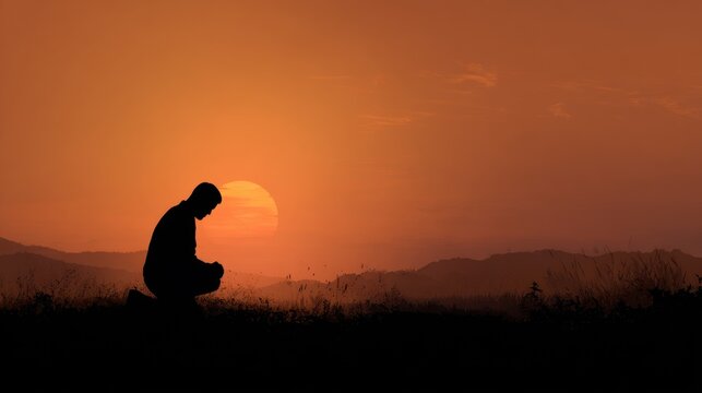 Silhouetted figure in prayer kneels before a setting sun, hills in the background