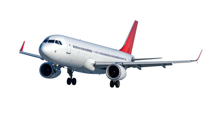 Obraz premium White commercial airliner with red tail and wingtips, in flight against a dark background