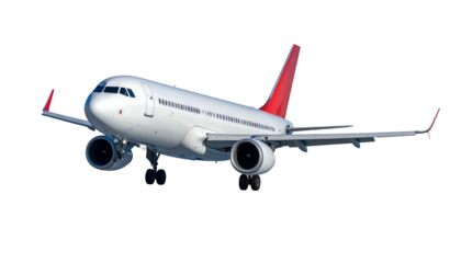 White commercial airliner with red tail and wingtips, in flight against a dark background