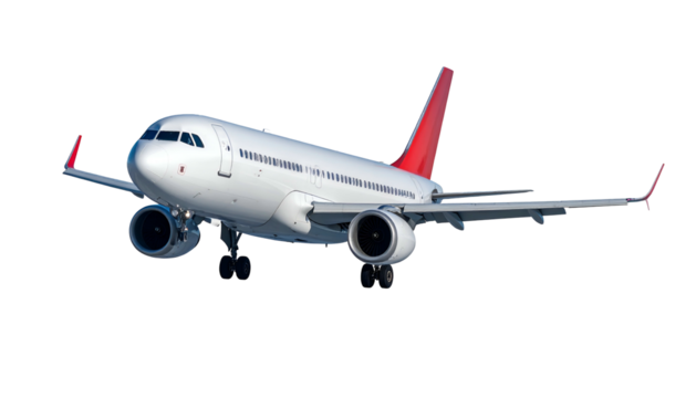 White commercial airliner with red tail and wingtips, in flight against a dark background