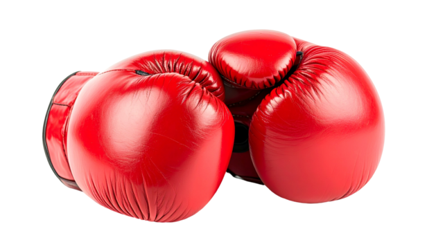 Two glossy red boxing gloves overlapping against a transparent background