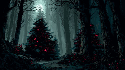 Evil Christmas Fantasy Forest Vector Illustration. Game Design Concept Dark Fantasy