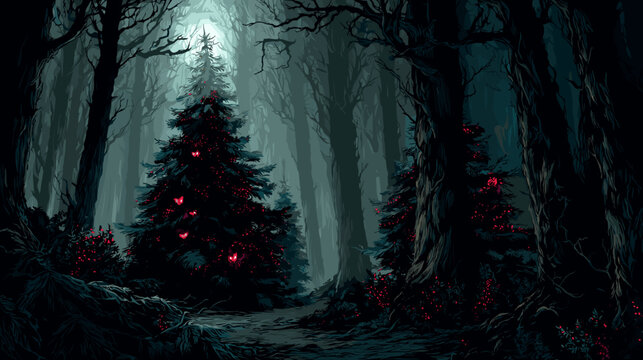Evil Christmas Fantasy Forest Vector Illustration. Game Design Concept Dark Fantasy