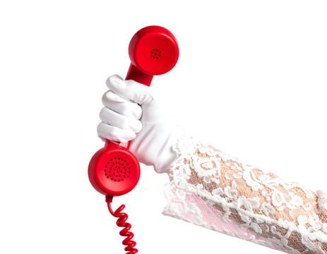 A gloved hand, adorned with lace, holds a bright red rotary phone receiver against a stark black background
