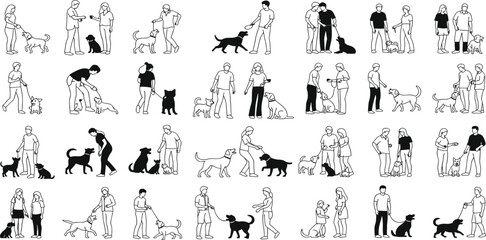 Set of People and Dogs Line Art Illustrations, Owners Walking and Interacting with Pets, Pet Care and Friendship, Animal Companionship Vector Icons, Black and White.