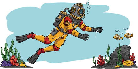 Retro Deep Sea Diver Cartoon Character Underwater with Fish, Vintage Diving Suit, Exploring Ocean Floor and Coral Reef, Marine Adventure Illustration.