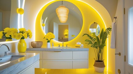 Sunny yellow bathroom with a large curved mirror hanging above a sleek white vanity, featuring soft warm lighting that emanates from a stylish chrome fixture, surrounded by modern elements that evoke 