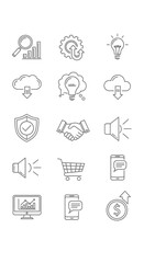 Fototapeta premium Minimalist line art business and technology icons set for data, communication, and finance concepts.