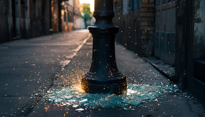 Urban street scene with a black ornate lamppost amidst shattered glass reflecting golden hour sunlight and sparkling embers on cobblestone pavement dramatic lighting