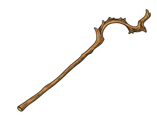 Obraz premium A gnarled wooden staff curves upwards with thorny protrusions, set against a solid black background