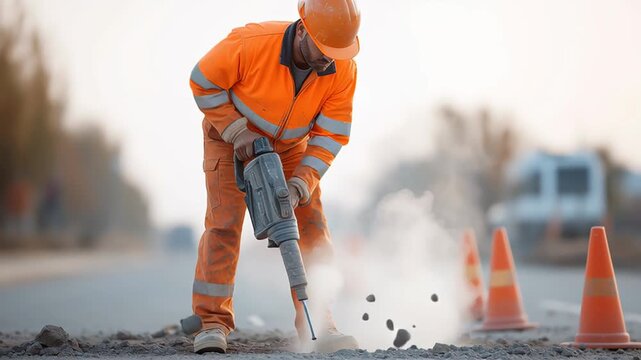 Construction worker in high visibility clothing using a pneumatic drill to break up the asphalt of a road. Dust and debris flying