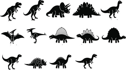 Collection of dinosaur silhouettes including Tyrannosaurus rex, Triceratops, Stegosaurus, Sauropod, Spinosaurus, Pterodactyl, Ankylosaurus, minimal vector design for logo, educational illustration © Asad Creative