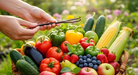 Hands holding vanilla beans above a basket brimming with fresh vegetables and fruits, including tomatoes, cucumbers, peppers, corn, and berries, celebrating the diversity of a garden harvest.

