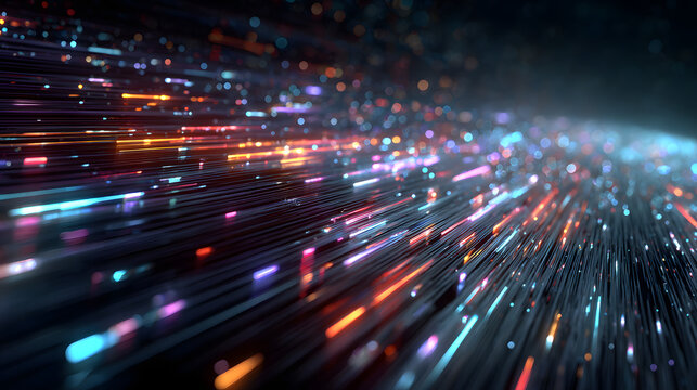 Digital Data Stream: Abstract view of a data stream, a digital river of information, flowing rapidly with binary code in a futuristic and technological environment. - Powered by Adobe