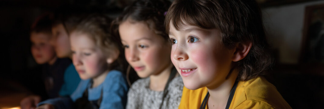 A vibrant image of children joyfully watching a screen, capturing the essence of childhood curiosity, wonder, and the magic of shared experiences in a playful atmosphere.