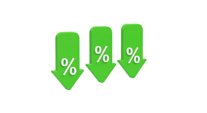 Three green downward arrows with percent signs on transparent background