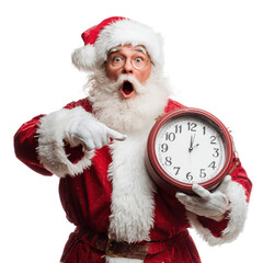 Santa Claus with wide eyes and open mouth points at clock showing time is running out!
