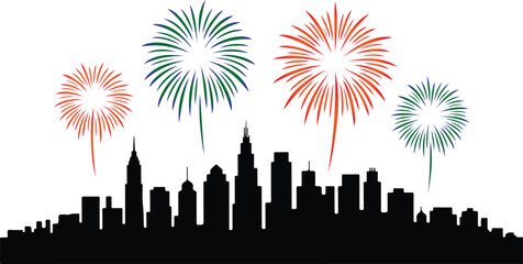 Black city skyline with orange and green fireworks