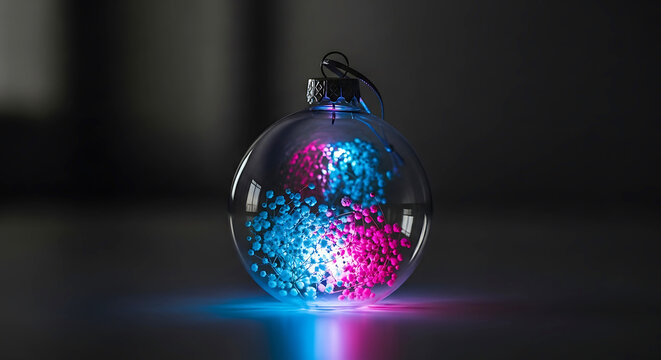 Clear glass bauble filled with glowing pink and blue floral elements christmas ornament - Powered by Adobe