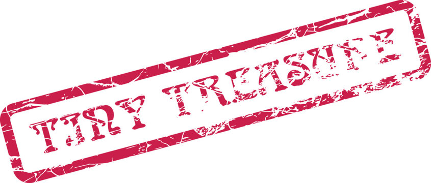 Distressed red rectangular rubber stamp features the unique text Tiny Treasure in a bold font
