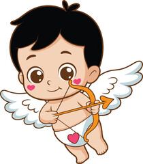 Cartoon cupid with bow and heart diaper, smiling character with wings and arrow, symbol of love and Valentine’s Day