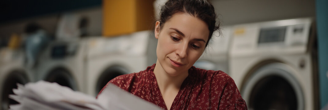 A thoughtful woman peruses documents while surrounded by washing machines in a bustling laundromat, illustrating multitasking and productivity in everyday life and public spaces.