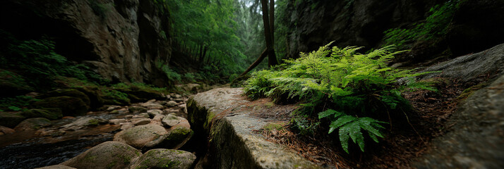 A close-up view of vibrant green ferns growing amidst rocky terrain in a peaceful forest environment, evoking a sense of tranquility and connection to nature's beauty.