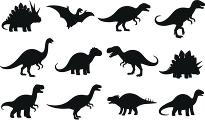 Collection of twelve dinosaur silhouettes including Tyrannosaurus, Triceratops, Stegosaurus, Sauropod, Spinosaurus, Ankylosaurus, Pterodactyl, minimal vector design for logo, educational illustration