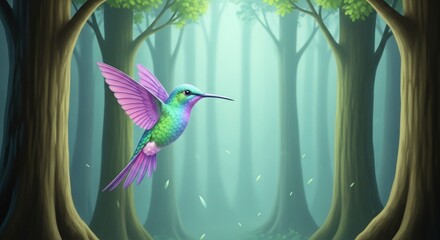 Vibrant hummingbird in flight amidst a serene forest illustration
