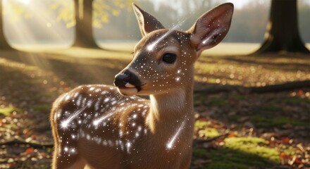 Young fawn standing in forest sunlight depicting natural beauty and serenity