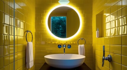 Vibrant yellow tiles with a subtle sheen adorn the walls, complemented by a sleek and minimalist sink with a chrome faucet, beneath a glowing round mirror with a soft LED light halo, stylish fixtures 