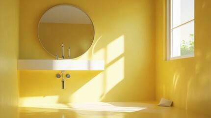 Vivid yellow walls with a smooth matte finish, a shiny chrome faucet with a subtle glow, a minimalist round mirror with a slender frame, soft sunlight reflections dancing across the walls and floor, 