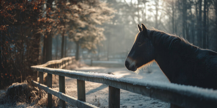 Majestic horse leans on frosty wooden fence in snowy field with golden sunrise light on iced trees. Tranquil winter rural scene, serene equine beauty vibe.