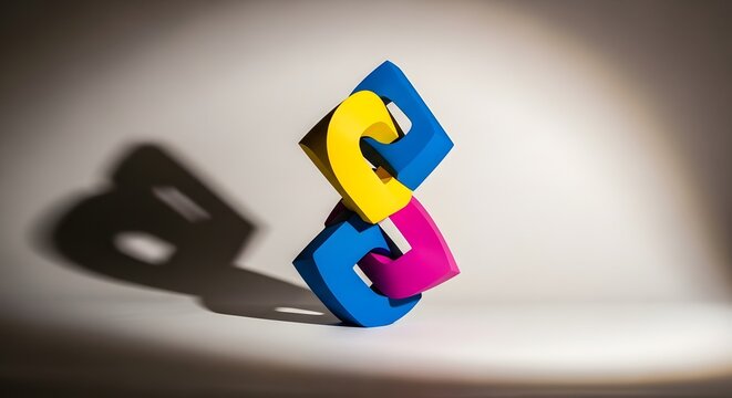 Abstract interlocking shapes forming a vibrant colorful sculpture with strong shadow creating a modern artistic design symbolizing connection support and unity on a gradient background