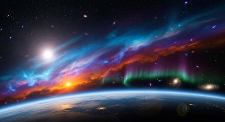Stunning space scene planet earth starry sky and vibrant nebulae display