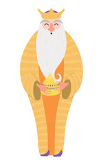 One of three kings Melchior with gift of gold isolated on transparent background. Hand drawn flat vector illustration. Cartoon character. Epiphany Day, Christmas design element, clip art
