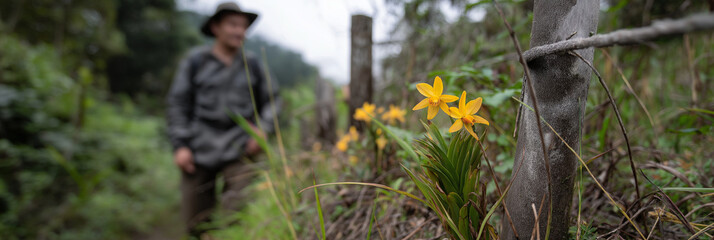 A hiker observes beautiful yellow wild orchids blooming along a forest trail, highlighting the connection between nature and human exploration in serene landscapes.