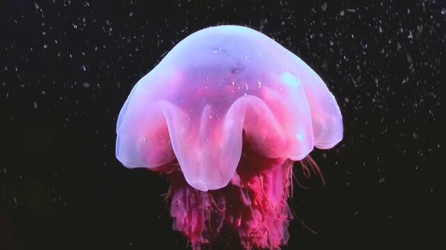 Observe a majestic Cyanea capillata gracefully swim through the frigid Arctic waters. Marvel at its size and delicate movements in its natural deep sea habitat. 236 characters