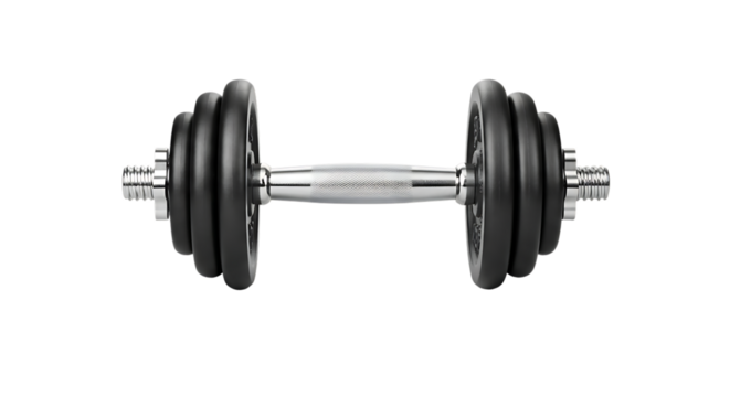 Realistic chrome and black dumbbell isolated perfect for fitness graphics on transparent background